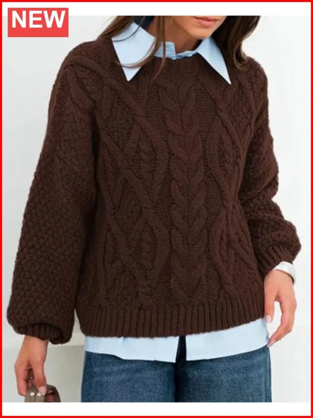 Womens Oversized Cable Knit Sweater Crew Neck Puff Sleeve Pullover